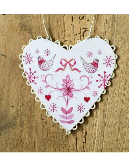 Pendant coeur décor blanc et rose