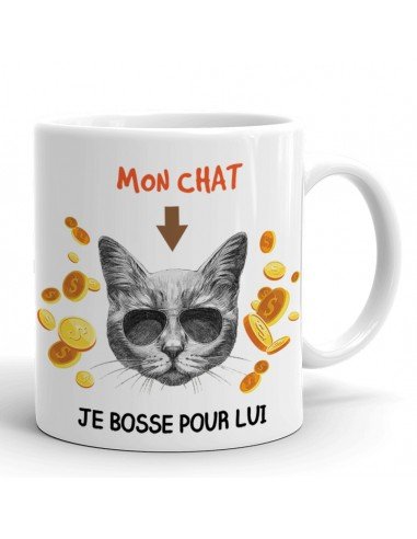 Tasse-Mug Mon Chat Je Bosse Pour Lui Humour Animaux Céramique Blanche 350 ml Ø 8.2 cm Haut 9.8 cm