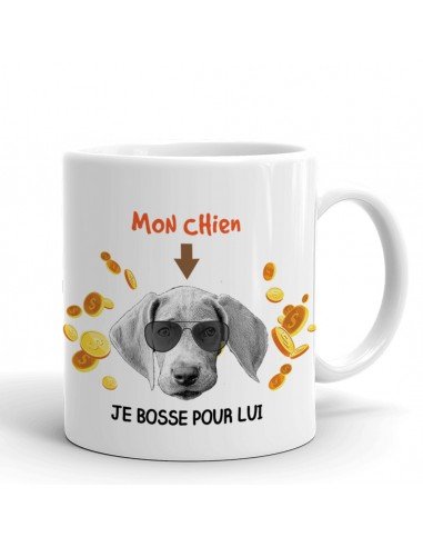 Tasse-Mug Mon Chien Je Bosse Pour Lui- Humour Animaux Céramique Blanche 350 ml Ø 8.2 cm Haut 9.8 cm