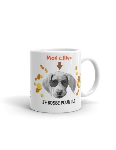 Tasse-Mug Mon Chien Je Bosse Pour Lui- Humour Animaux Céramique Blanche 350 ml Ø 8.2 cm Haut 9.8 cm