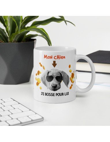 Tasse-Mug Mon Chien Je Bosse Pour Lui- Humour Animaux Céramique Blanche 350 ml Ø 8.2 cm Haut 9.8 cm