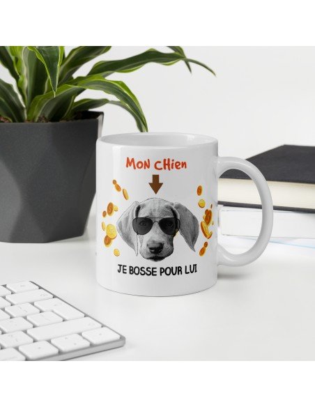 Tasse-Mug Mon Chien Je Bosse Pour Lui- Humour Animaux Céramique Blanche 350 ml Ø 8.2 cm Haut 9.8 cm