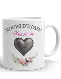 Tasse-Mug Cadeau Anniversaire 10 Ans de Mariage Noce d'Étain Original Amour Couple Romantique