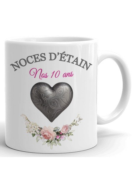 Tasse-Mug Cadeau Anniversaire 10 Ans de Mariage Noce d'Étain Original Amour Couple Romantique
