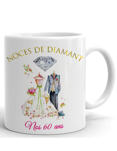 Tasse-Mug Cadeau Anniversaire 60 Ans de Mariage Noce de Diamant Original Amour Couple Romantique