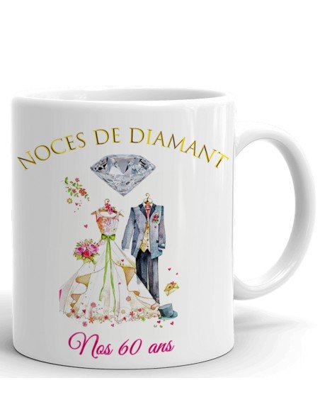 Tasse-Mug Cadeau Anniversaire 60 Ans de Mariage Noce de Diamant Original Amour Couple Romantique