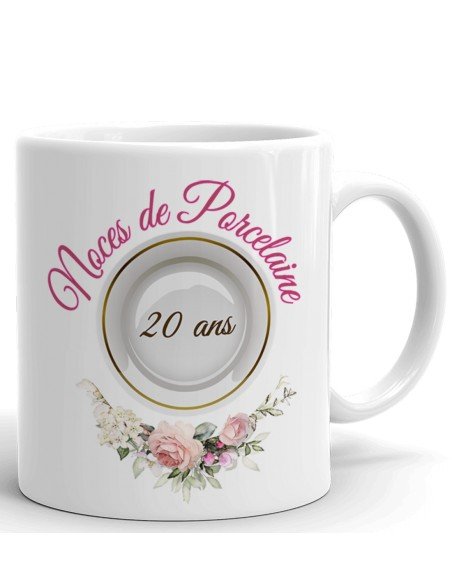 Tasse-Mug Cadeau Anniversaire 20 Ans de Mariage Noce de Porcelaine Original Amour Couple Romantique