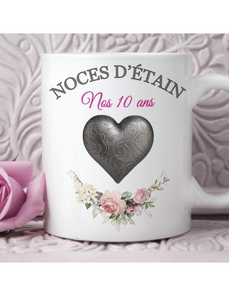 Tasse-Mug Cadeau Anniversaire 10 Ans de Mariage Noce d'Étain Original Amour Couple Romantique
