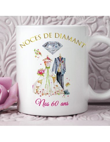 Tasse-Mug Cadeau Anniversaire 60 Ans de Mariage Noce de Diamant Original Amour Couple Romantique