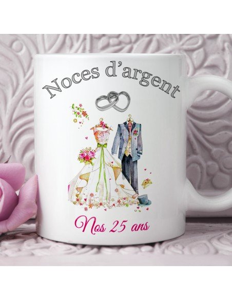 Tasse-Mug Cadeau Anniversaire 25 Ans de Mariage Noce d' Argent Original Amour Couple Romantique