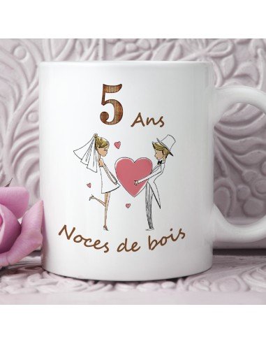 Tasse-Mug Cadeau Anniversaire 5 Ans de Mariage Noce de Bois Original Amour Couple Romantique