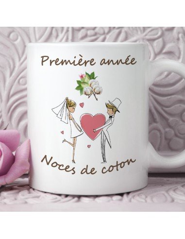 Tasse-Mug Cadeau Anniversaire 1 An de Mariage Noce de Coton  Original Amour Couple Romantique
