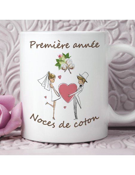 Tasse-Mug Cadeau Anniversaire 1 An de Mariage Noce de Coton  Original Amour Couple Romantique