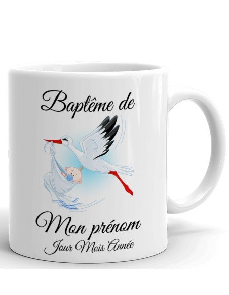 Tasse Mug Cadeau Baptême Personnalisable Prénom et Date - Cigogne portant un Bébé - à Personnaliser Naissance Enfant 