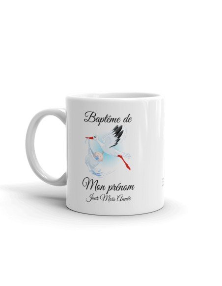 Tasse Mug Cadeau Baptême Personnalisable Prénom et Date - Cigogne portant un Bébé - à Personnaliser Naissance Enfant 