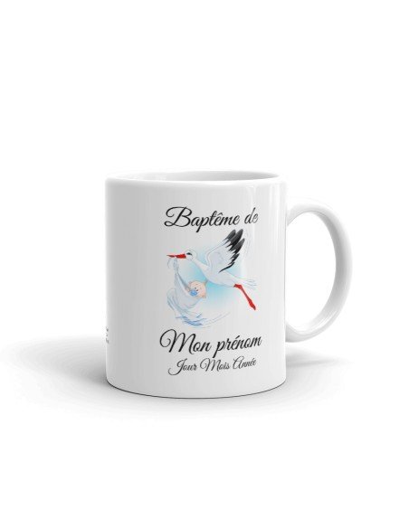 Tasse Mug Cadeau Baptême Personnalisable Prénom et Date - Cigogne portant un Bébé - à Personnaliser Naissance Enfant 