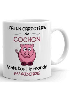 Tasse-Mug Cadeau Humour - J'ai un Caractère de Cochon mais Tout le Monde m'Adore -Original Drole Rigolo  Anniversaire Papa Maman