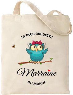Tote bag Cadeau Marraine – La plus Chouette Marraine du Monde- 100% coton - Sac Marraine - Sac cabas - Cadeau Noël - Annonce Nai