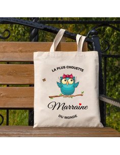 Tote bag Cadeau Marraine – La plus Chouette Marraine du Monde- 100% coton - Sac Marraine - Sac cabas - Cadeau Noël - Annonce Nai 2