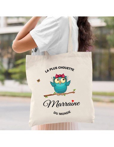 Tote bag Cadeau Marraine – La plus Chouette Marraine du Monde- 100% coton - Sac Marraine - Sac cabas - Cadeau Noël - Annonce