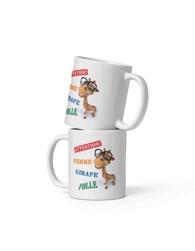 Tasse Mug Cadeau Girafe Original - Attention Femme Girafe Folle - Drole Amusant Rigolo Anniversaire  Femme Collègue Amie