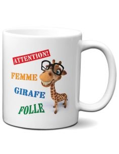 Tasse Mug Cadeau Girafe Original - Attention Femme Girafe Folle - Drole Amusant Rigolo Anniversaire  Femme Collègue Amie